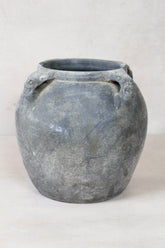 Vintage lion ears dark pot in antique gray ceramic with two carved handles perfect for rustic decor