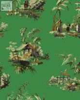 Vibrant bright green vintage oriental wallpaper with repeating pastoral scenes of cottages palm trees vintage figures