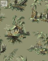 Vintage oriental wallpaper in olive green toile with intricate pastoral scenes and rustic wooden structures