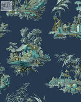 Vintage oriental wallpaper with navy blue toile scenes featuring turquoise and cream pagodas bamboo and figures