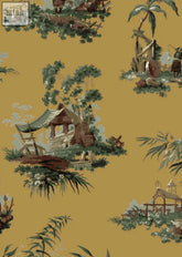 Vintage oriental wallpaper featuring pastoral scenes with rustic wood structures and greenery on ochre background