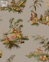 Beige vintage oriental wallpaper with pastoral scenes of rustic cabins fishing and greenery in muted earth tones putty