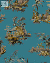 Teal vintage oriental wallpaper with gold and gray pastoral scenes featuring pagodas palm trees and rustic figures