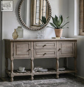 Vintage pine 2 door sideboard with weathered gray wood, two cupboards, two drawers, and open shelf below