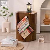 Vintin side table in dark brown wood with natural finish and built-in magazine bookshelf cutout design