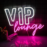 A vip lounge neon sign with white and pink led lights on a dark tiled wall usb powered for room decor
