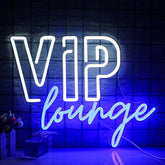 White and blue vip lounge neon sign with led lights mounted on dark tiled wall for room and venue decor