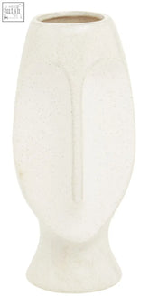A minimalist white ceramic viso large face vase with a textured speckled finish and abstract face design details
