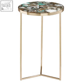 A green agate round side table with a mosaic top of iridescent stones and gold-toned metal legs