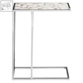Silver c-shaped vita white side table with white marble top and silver agate details in a streamlined profile