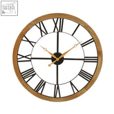 Round vitus black metal wall clock with gold finish hands light wood frame and black roman numerals on white face
