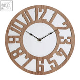 Circular vitus wall clock with white face black hands and intricate wooden carved design around the edge