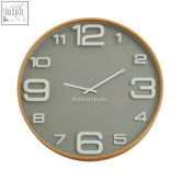 Vtus large wall clock with a sleek matte gray face and light wood frame features bold white numerals for easy reading