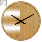 Vitus large wooden wall clock with a round bamboo finish half slats half smooth wood grain and black hands