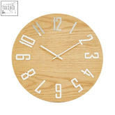 Minimalist vitus natural wood effect wall clock with light oak face and white cut-out numerals wood effect design