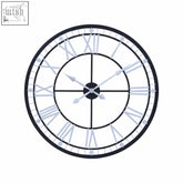 Black metal skeletal wall clock with silver roman numerals and black finish frame minimalist design