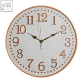 A vitus white wood wall clock with gold numbers and a light wood frame with bronze hands and white face