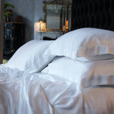 Vivian white white satin bedding set with plush softly wrinkled sheets and matching pillowcases