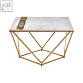 Gold geometric metal frame vizzini square coffee table with white marble top and decorative inlaid strip