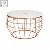 Round vizzini white marble coffee table with rose gold wireframe base and sleek white marble coffee top