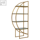 Vogue left half moon shelf unit gold-toned metal half moon shelf with curved arch design and clear glass shelves