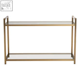 Vogue matte gold console table with gold-toned metal frame and two clear glass shelves for stylish storage