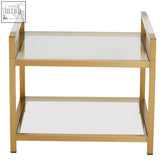 Vogue matte gold end table with gold finished metal frame and two clear glass shelves for stylish storage