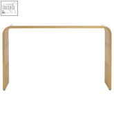 Vogue matte gold slatted console table with a clear glass top and slim curved legs in a gold slatted design