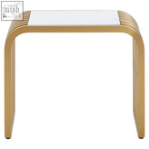 Vogue matte gold slatted end table with sleek curved legs and a rectangular white glass top in matte gold finish