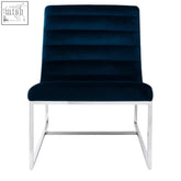 Deep navy midnight velvet lounge chair with sleek chrome metal frame and curving profile for stylish comfort