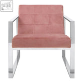 Vogue pink velvet lounge chair featuring a pink velvet lounge seat with a modern chrome frame lounge chair design