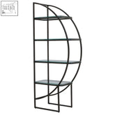 Vogue right half moon black shelf unit with curved black metal frame and glass shelves ideal for stylish storage