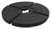 Black three-segmented parasol base weights with textured surface and metal clamps for banana parasol support
