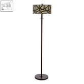 Dark bronze waldorf branch floor lamp with a cylindrical shade featuring an abstract beige and brown line pattern