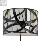 Waldorf branch wall light with cylindrical stained glass lampshade in black and off-white geometric pattern
