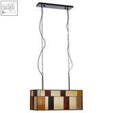 Waldorf deco rectangle ceiling light with amber brown cream glass mosaic panels hanging from black chains