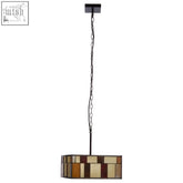 The waldorf deco square ceiling light has a rectangular stained glass shade with brown, amber, and cream geometric patterns