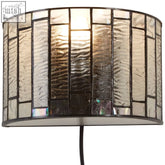 Waldorf deco wall light with amber Tiffany style stained glass and dark metal frame perfect for living rooms