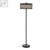 Black metal deco floor lamp with beige and dark diamond deco cylindrical shade featuring geometric pattern