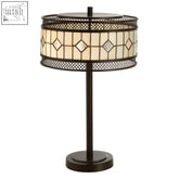Bronze-finished waldorf diamond deco table lamp with stained glass cream and beige diamond deco shade panels