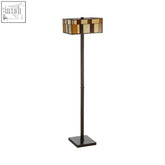 Waldorf square deco floor lamp with amber gold cream stained glass shade in iron frame for stylish lighting