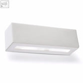 White rectangular ceramic led wall sconce with paintable finish and sleek modern design featuring light bulb inside