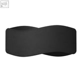 Black soft-textured headband with sleek wave design shown with modern steel tila wall lamp and g9 light bulb