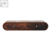 Dark brown wall mounted california walnut chest of drawers with two oval drawers and brass knobs