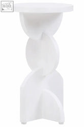 White glossy side table with sculpted twisted column made from whitewash mango wood abstract design