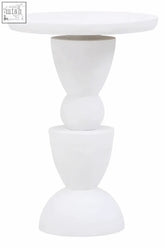 White ceramic pedestal side table with stacked geometric shapes on whitewash mango wood circle column base