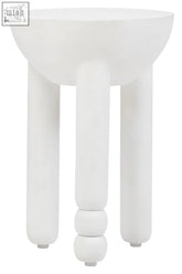 White minimalist side table with a rounded top and mango wood column detail in whitewash mango wood finish