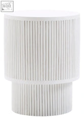 White cylindrical side table with vertical ribbed texture made from whitewash mango wood for stylish storage or display