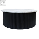 Walton travertine top coffee table with black acacia wood base and white marble top with ribbed black wood detail