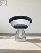 Navy blue upholstered warren platner dining chair with wireframe base and sleek modern design clearance sale